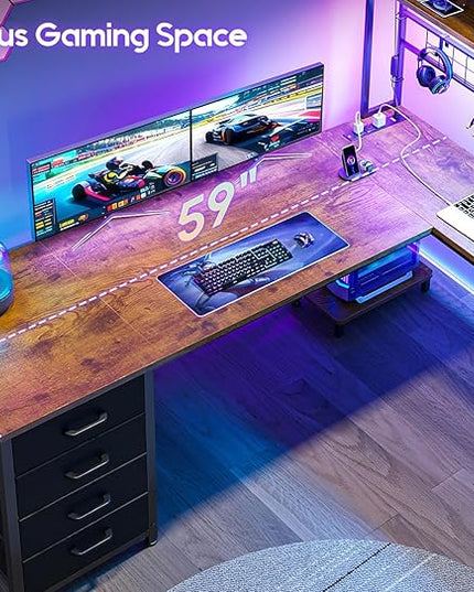AODK L Shaped Gaming Desk with Hutch, 59" Computer Desk with 4 Drawers & Storage Shelves, Reversible Corner Desk with LED Light & Power Outlets, Gamer Table for for Home Office, Vintage