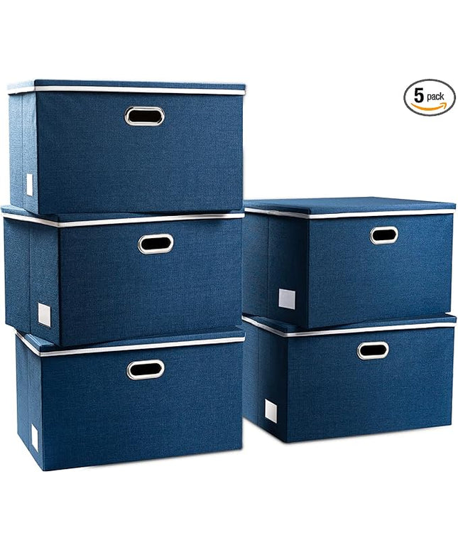 PRANDOM Extra Large Collapsible Storage Bins with Lids [5-Pack] Linen Fabric Foldable Storage Baskets Boxes Organizer Containers Cube with Cover for Bedroom Closet Office Nursery (22.8x15.75x13.8)