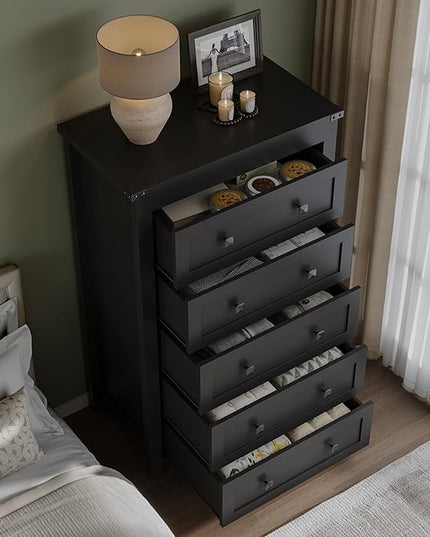 BORNOON Tall 5-Drawer Dresser, Modern Wooden Storage Chest of Drawers, Dresser TV Stand, Wood Drawer Organizer with Metal Handles for Bedroom, Living Room, Hallway