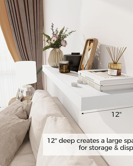 White Floating Shelves 36 Inch Long, 12 Inch Deep Floating Shelves for Wall, 36 x 12 Shelves for Wall Storage & Display, 2" Thick Floating Shelf for Bathroom, Living Room, Bedroom, Set of 2