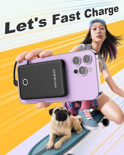 miisso 6000mah Ultra Slim Built in Cables Power Bank, Card Size Built in USB C Cords Battery Pack Portable Charger for Phones, 3 Output External Battery Pack Compatible with iPhone, Deep Black