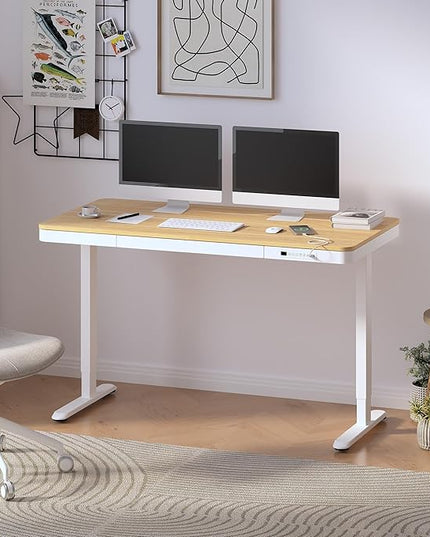 FLEXISPOT 55" Electric Standing Desk with Drawers, Quick Assembly Home Office Sit Stand Desk with Storage, USB Charging, Computer Desk for Home Office (Maple Top + White Adjustable Frame, Comhar)