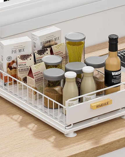 Under Sink Organizer, Single Tier Metal Pull Out Sliding Drawer Shelf for Kitchen Bathroom Cabinet Storage, Sturdy Rack – White
