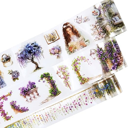 AuriicLeaf Wisteria Garden PET Tape Set, 3 Rolls of Pre-Cut Floral Vine Stickers for Scrapbooking, Journaling, DIY Crafts, and Collage Decoration (30mm/50mm/55mm)
