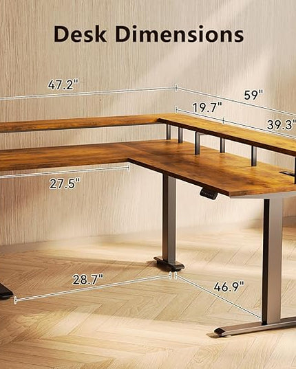 AODK Electric L Shaped Standing Desk, 59 Inch Height Adjustable Stand Up Desk with Power Outlets ＆ Full Monitor Stand, Reversible Corner Desk for Home Office ＆ Computer Workstation, Rustic Brown