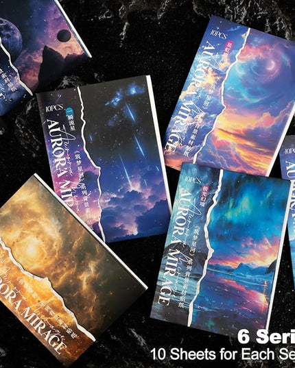 AuriicLeaf Large Galaxy & Aurora PET Stickers Set, 60 PCS Aesthetic Sky Stickers for Scrapbooking, Journaling, DIY Crafts, and Art Supplies