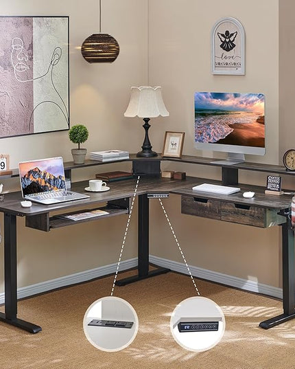 RedLemon 60 Inches L Shaped Electric Standing Desk,Height Adjustable Corner Gaming Desk with Drawers, Keyboard Tray, Power Outlets & LED Lights, Computer Desk with Monitor Shelf, Dark Rustic Oak