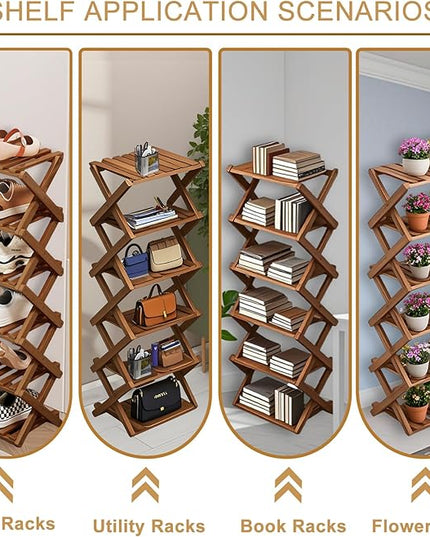 Comeon Bamboo Shoe Rack, Foldable Vertical Shoe Rack for Front Door Entrance Narrow Shoe Organizer Small Shoe Shelf for Entryway Shoe Storage Closet Multi-Tier (Brown Colors,6 Layers)