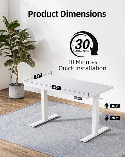 TIQLAB Height Adjustable Electric Standing Desk, 40 x 24 inch, Sit Stand Up Desk, Splice Board, Computer Home Office Desk, White Top