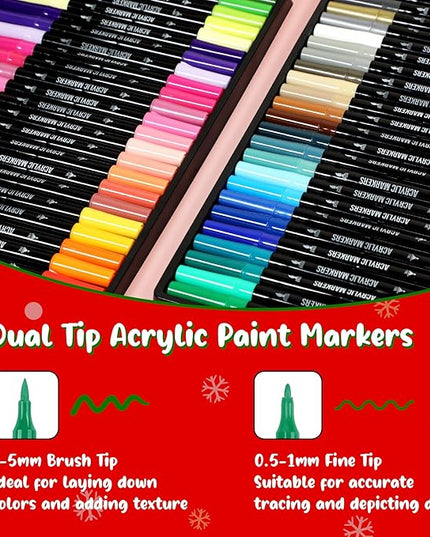 48 Colors Acrylic Paint Markers, Dual Tip with Fine Tip and Brush Tip Pens for Stone, Wood, Calligraphy, Canvas, Ceramic, Metal, Glass, Rock Painting, DIY Crafts