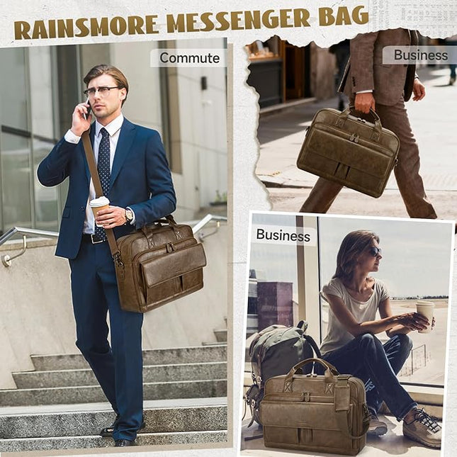 RAINSMORE Mens Laptop Bag PU Leather Messenger Bag 15.6 Inch Briefcase Vintage Computer Satchel Bag for Work Business