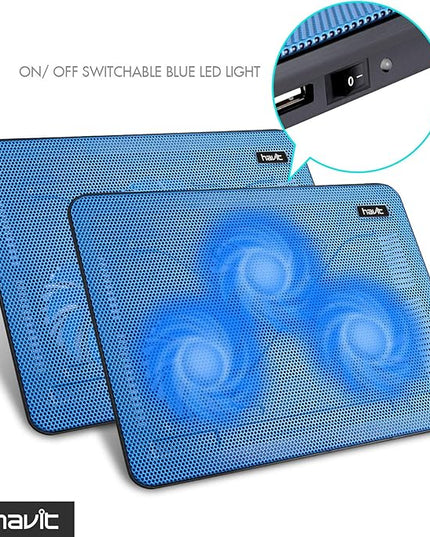 Havit HV-F2056 15.6-17 Inch Laptop Cooler Cooling Pad - Slim Portable USB Powered (3 Fans) (Blue)