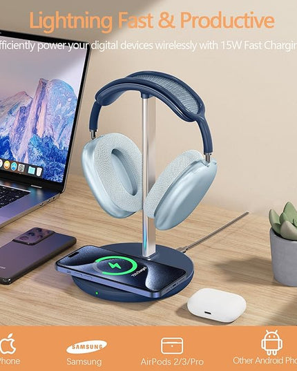 Headphone Stand with Wireless Charger, Gaming Headset Holder Hanger Rack 2 in 1 Wireless Charging Station Dock for iPhone 15/14/13/12/11 Series, Samsung, AirPods Pro/3/2, Aluminum Alloy Rod, Navy Blue