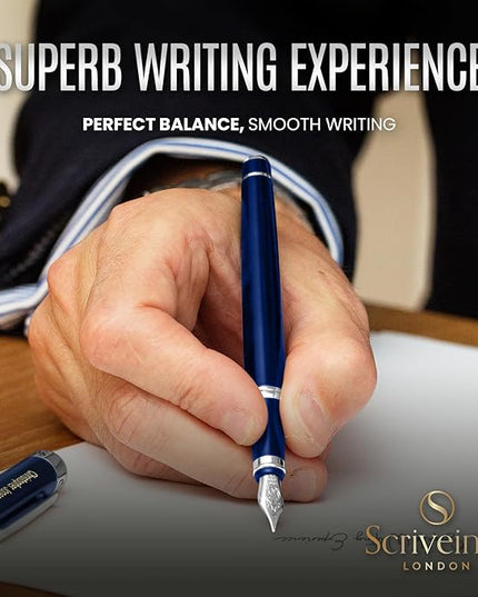 Scriveiner Personalized Midnight Blue Fountain Pen - Stunning Blue Lacquer Luxury Pen, Chrome Finish, German Schmidt Nib (Medium), Best Engraved Pen Gift Set for Men & Women, Name Engraving