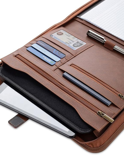 Forevermore Portfolios Padfolio Binder - Professional Faux Leather Travel Organizer Pouch for Tablet, Documents, Presentation Folders, Zipper Closure, Notepad - Brown