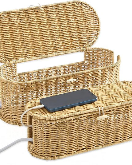 FairyHaus Cable Management Box 2Pack Caramel, Handwoven Large and Small Cable Organizer Box Cover to Hide Cords and Power Strip, Imitation Wicker Cord Organizer Box Hider for Office Desk and Floor