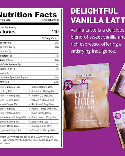 Click Coffee Protein Powder | Double Shot Espresso | 16g Protein | 23 Essential Vitamins | Low Calorie Meal Replacement | 150mg Caffeine | Gluten Free | No Artificial Flavors or Colors | Vanilla