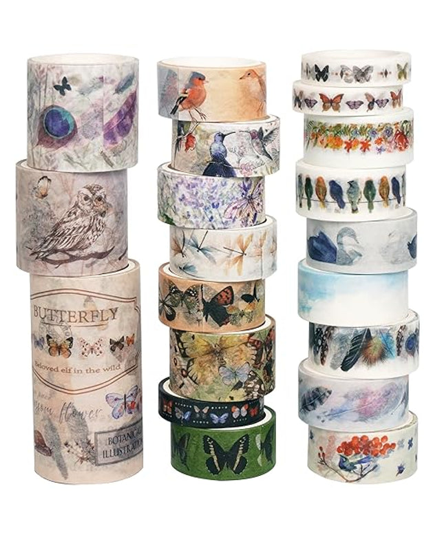 YUBBAEX Landscaping Washi Tape Pack 20 Rolls Insects Birds Printed Masking Tape Vintage Decorative for Arts, DIY Crafts, Journal Supplies, Planners, Scrapbook, Card/Gift Wrapping