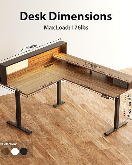 Agilestic L-Shaped Electric Standing Desk, 63x55 Inch Ergonomic Adjustable Height Desk with Storage, Stand Up Corner Desk Sit Stand Computer Table Power Outlet & LED Lights, Office Table, Dark Walnut