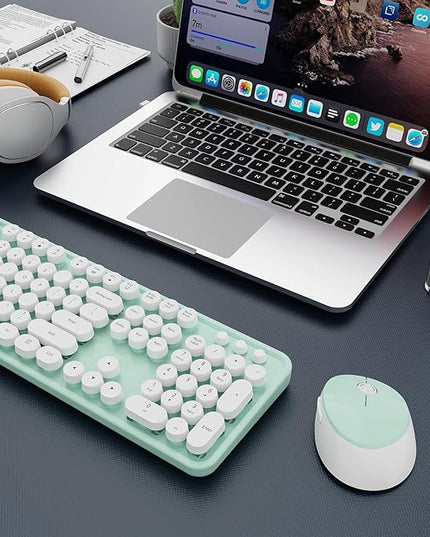 Wireless Keyboard and Mouse Combo, Ergonomic Full Size Typewriter Retro Round Keycaps Keyboard, Compatible with Windows, PC, Perfer for Home and Office Keyboards（Green）