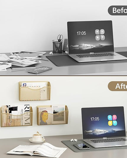 EasyPAG 3 Single Pocket Wall File Organizer, Mesh Hanging File Folder Organizer for Letter/A4 Size Folders, Wall Mounted Vertical Mail Holder for Paperwork, Office, Home, School, Gold