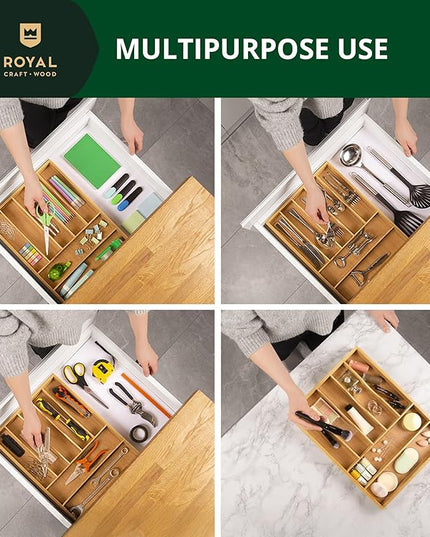 ROYAL CRAFT WOOD Luxury Bamboo Utensil Rack and Silverware Organizer, Kitchen Drawer Organizer - Utensil Holder and Cutlery Tray with Grooved Drawer Dividers for Flatware 7 Slot, Natural