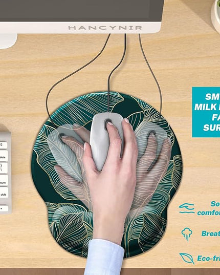 Ergonomic Mouse Pad Wrist Support, Green Tropical Leaves Mouse Pads with Wrist Rest, Computer Mousepad for Gaming with Non-Slip PU Base, Comfortable Mouse Pad Office Decor Desk Accessories