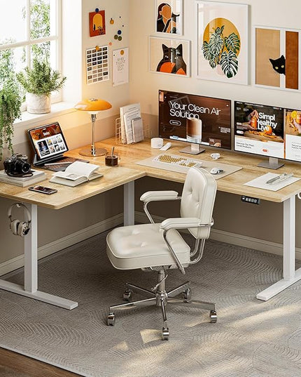 Grandder 63 x 55 Inch L Shaped Standing Desk, Electric Height Adjustable Corner Stand Up Desk, Sit Stand Corner Table Home Office Table, Oak Top White Frame