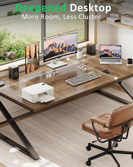 IBF Large Computer Desk, 78.7” Extra Long Home Office Desk, Wood Metal Work Desk for Study Writing, Farmhouse Simple Wide Double PC Gaming Computer Table Executive Workstation in Bedroom, Rustic Oak