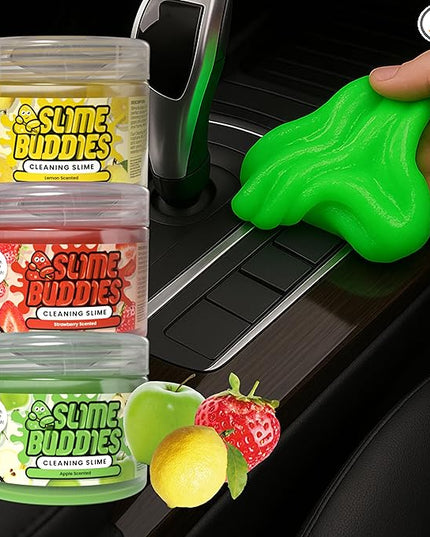 Slime Buddies Cleaning Slime | (3 Pack) 1 Lemon, 1 Apple, 1 Strawberry Scented Car Cleaning Gel | Car Interior, Cup Holder, & Keyboard Detailing Tool | Reusable Putty for Loose Dust & Dirt