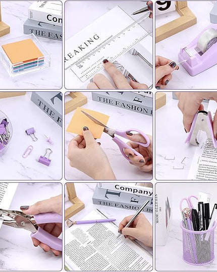 17 in 1 Purple Desk Organizers and Accessories Set, 3 Office Desk Supplies Storage Organization, 4 Pens, Stapler, Staples & Remover, Tape & Dispenser, Scissors, Ruler, Clips, Hole Punch Back to School
