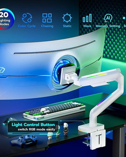 Ultrawide Monitor arm for 17-49'' Heavy Duty Screen up to 44lbs, Gas Spring Single Monitor Arm with RGB Light, Adjustable Gaming Computer Monitor Arm for Desk, White