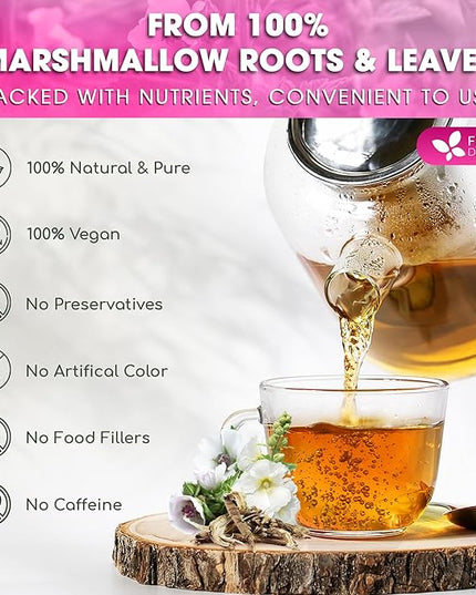 FreshDrinkUS, Premium 75 Marshmallow Root and Leaf Tea Bags, 100% Natural & Pure. Loose Leaf Marshmallow Herbal Tea. Made with Eco-Conscious Tea Bags. No Sugar, No Caffeine, No Gluten, Vegan.