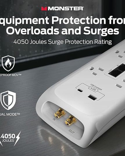 Monster Power Surge Protector w/ 4,050 Jules Rating — Heavy Duty Power Strips with Surge Protection, 8 Outlets, USB-A & USB-C, 2 Coax, 5 Ethernet Ports, Fireproof MOV, Dual Mode (6FT Cord, White)