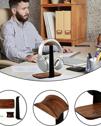 ZHIYUEJING Walnut Wood Headphone Stand,Headphone Rack with Storage Base Plate,Headphones Holder for Study Rooms,Gaming Spaces,Desktop,Office
