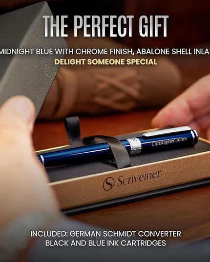 Scriveiner Personalized Midnight Blue Fountain Pen - Stunning Blue Lacquer Luxury Pen, Chrome Finish, German Schmidt Nib (Medium), Best Engraved Pen Gift Set for Men & Women, Name Engraving