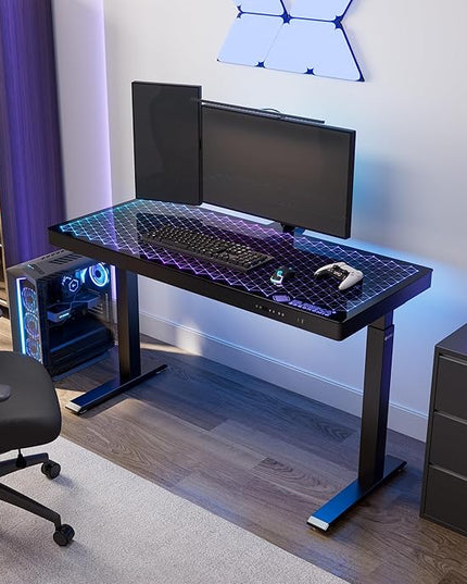 EUREKA ERGONOMIC Gaming Desk RGB Lights Height Adjustable 55 Inch Computer Table Home Office Standing Desk Glass Desk Music Sensing, Dual Motors,USB Ports, APP Control