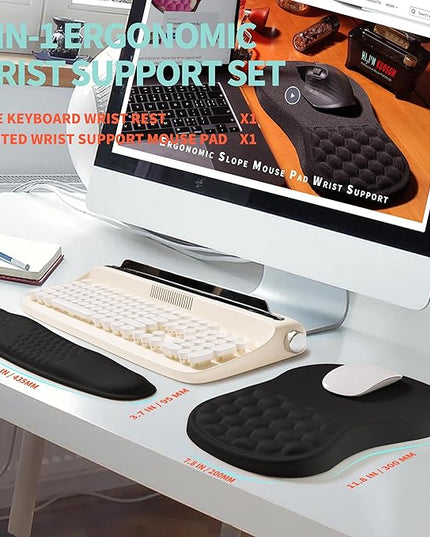 2-in-1 Ergonomic Set, Wave Rise Keyboard Wrist Rest and Massage Bulge Slope Mouse Pad Wrist Support, Cushion Memory Foam Integrated to Relieve Wrist Pain, Black