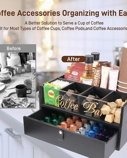 Intarsio 2-Tier Coffee Bar Organizer with Clear Acrylic Top, Built-in Drawer and Leather Handle Pull for Countertop, Stylish Coffee Station Storage Box for Accessories, Pods, Great Gifts for Home