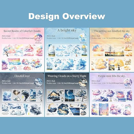 AuriicLeaf Sky Series PET Tape Sticker Set 6 Rolls Featuring Thunderstorm Starry Night Sunset and Foggy Cloud Designs for Scrapbooking Journaling Planner Decoration and DIY Craft