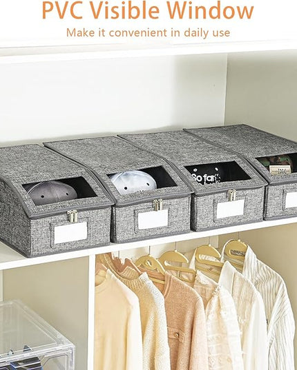 Linen Hat Organizer for Baseball Cap, Hat Storage for Closet with Clear Window, Breathable Fabric Cap Box for Snacks, Socks, Stackable Hat Storage Organizer for Men/Women(2 Pack,Grey)