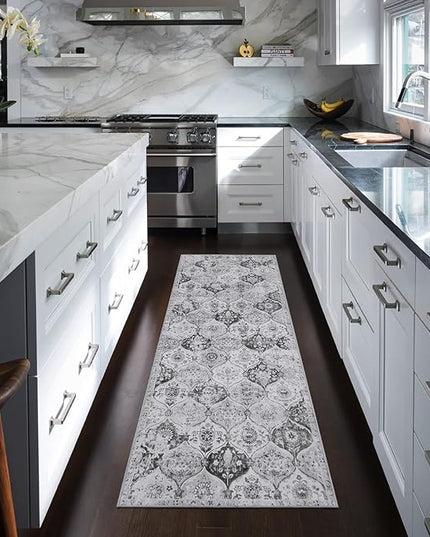 Lahome Moroccan Trellis Washable Runner Rug, 2x6 Kitchen Runners for Hallways 6 Feet Non Slip, Vintage Laundry Room Rug Ultra-Thin Long Carpet for Bathroom Bedroom Entryway, Silver/Grey
