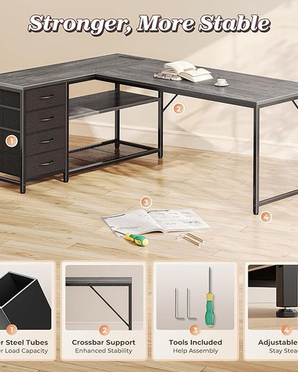 PRAISUN 61" L Shaped Desk with Power Outlets and USB-C Port, Reversible Computer Corner Office Desk with 4 Fabric Drawers and 2 Height-Adjustable Shelves, Large for Gaming Writing Work Study, Grey