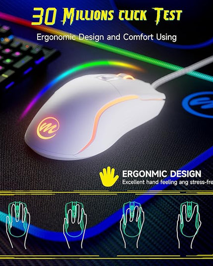 memzuoix Wired Gaming Mouse with RGB - 6 Adjustable DPI up to 12800, 6 Buttons, 12 Lighting Modes, Ergonomic Design with Anti-Slip Rubber Wheel, 5.6ft Braided Cable for PC/Mac/Windows - White