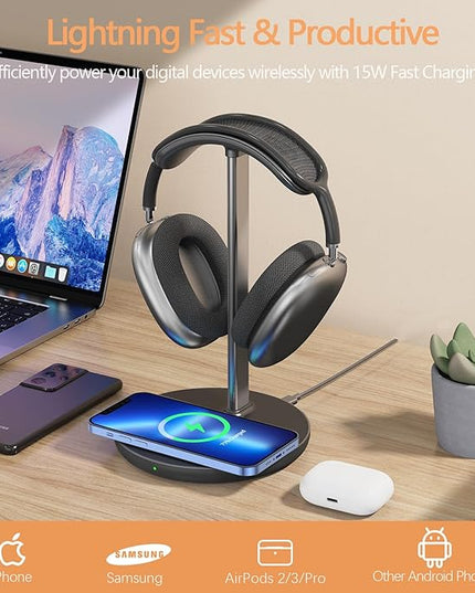 Headphone Stand with Wireless Charger, Gaming Headset Holder Hanger Rack 2 IN 1 Wireless Charging Station Dock for iPhone 15/14/13/12/11 Series, Samsung, AirPods Pro/3/2 and Desk All Headphones, Black