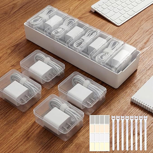 8 Individual Cable Organizer Boxes With Base, Cord Storage Organizer With Labels And Cable Straps For Charging Cables, Adapters, Earphones And Small Electronic Accessories