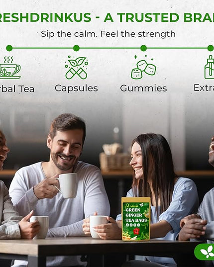 FreshDrinkUS, Premium Green Ginger Tea | 75 Tea Bags | Sencha Green Tea with Ginger, Lemongrass, Turmeric, Hibiscus & Peppermint | Natural Herbal Blend | Comfort & Refreshing, Vegan
