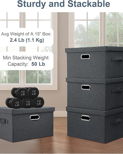 Medium 15" 21 Quart Collapsible Stackable Storage Bins with Lids, 3 Packs Dark Grey Foldable Fabric Closet Boxes Heavy-duty Linen Cube Baskets Container for Bedroom Office (15 x 11 x 8)