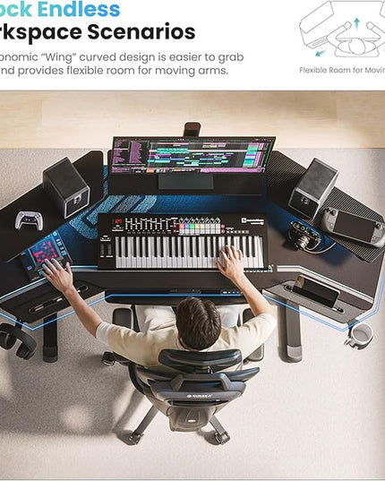EUREKA ERGONOMIC Gaming Desk, Standing Desk w Keyboard Tray, 72" Wing Shaped Music Studio Table with LED Shelves, Gaming Recording Live Stream, Slot Design