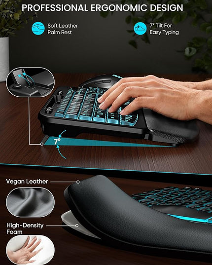 SABLUTE Wireless Keyboard and Mouse Combo - Ergonomic Wave Keyboard with Soft Leather Wrist Rest, Phone Holder, Rechargeable, RGB Backlit Mouse, Full-Size Set for Windows/Mac/Computer (Black)